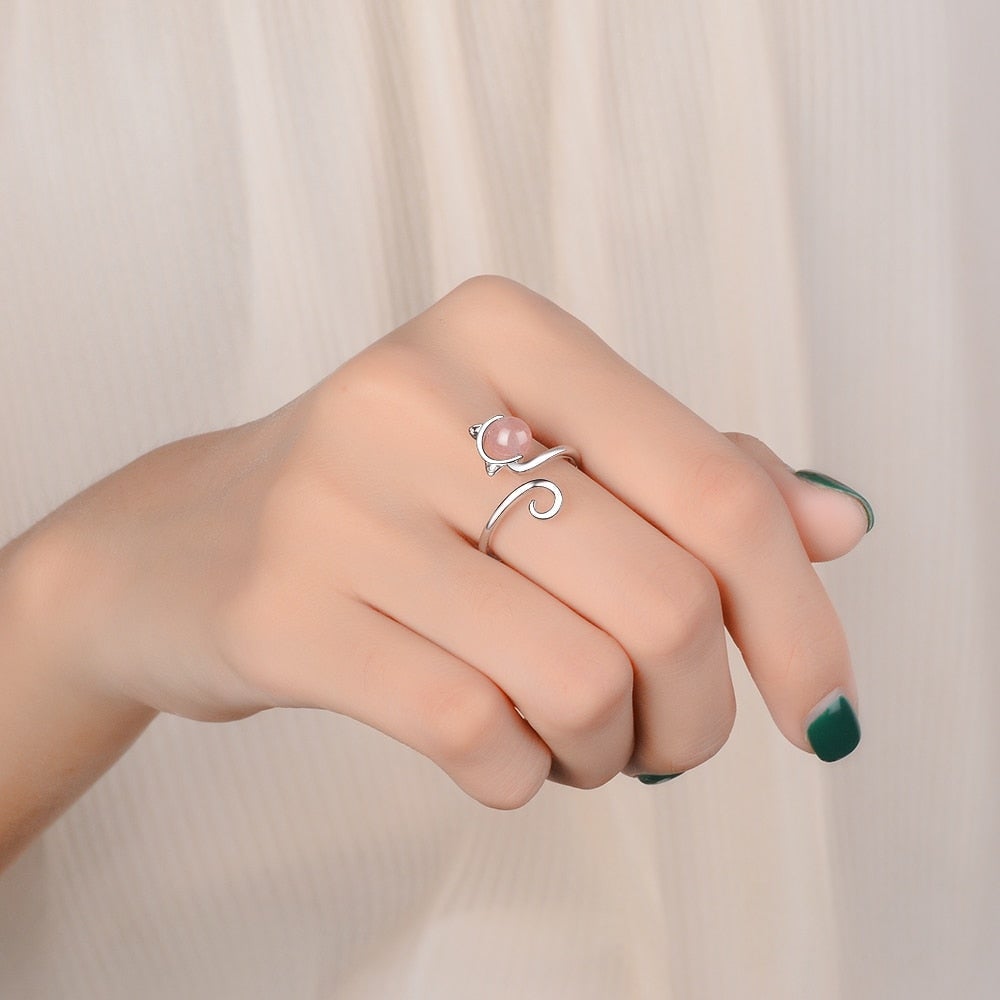Rosa Kätzchenring aus 925er Sterlingsilber und Achat