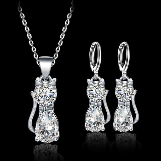 Set Halskette + Ohrringe Glückliche Katzen aus Sterlingsilber und poliertem weißen Zirkonium